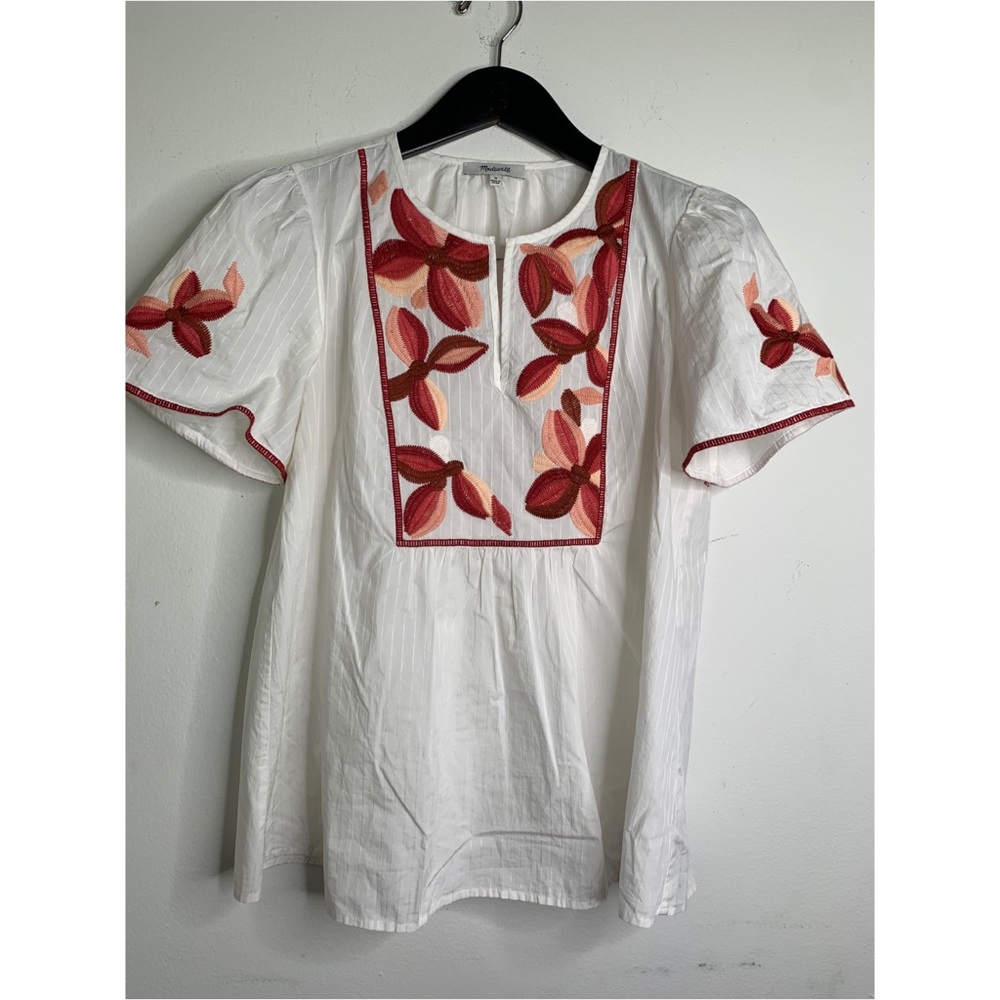 Madewell White Floral Embroidered Fable Top